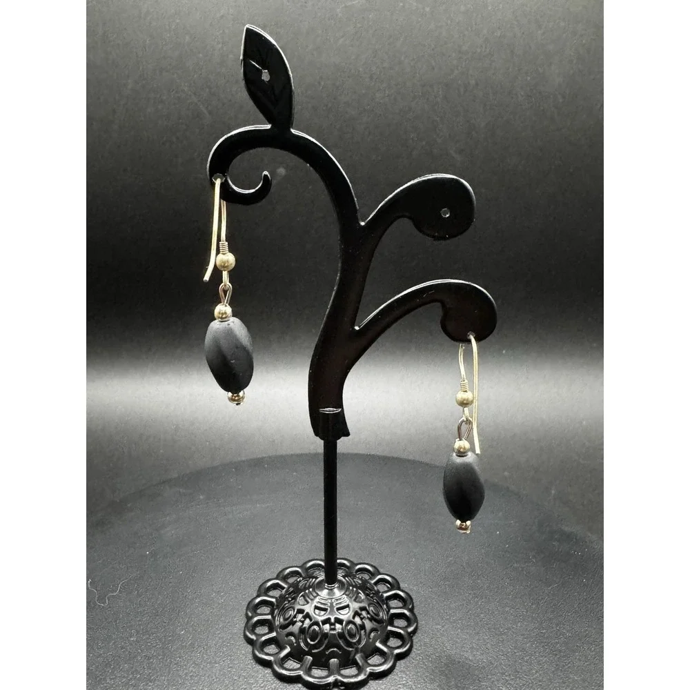 Mexico Black Obsidian Matte Oval Bead Drop Earrings Silver Tone Fishhook Dangles